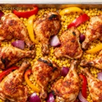 Sheet pan southwest chicken with roasted corn, bell peppers and red onion on a baking tray.