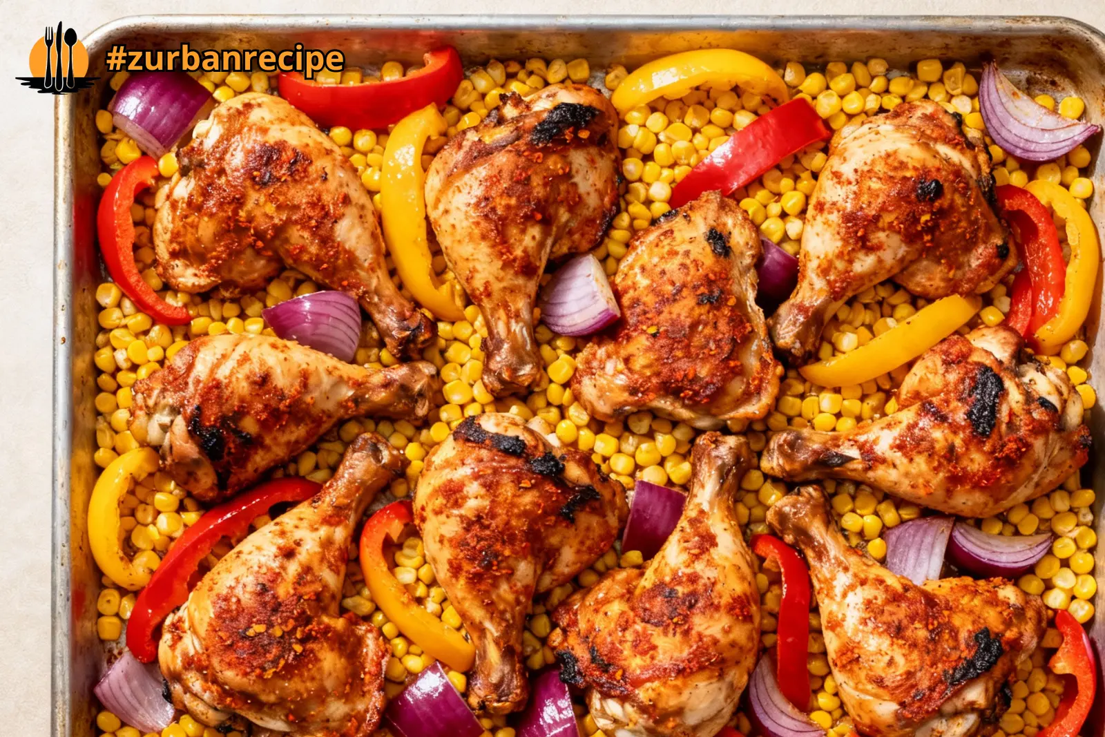 Sheet pan southwest chicken with roasted corn, bell peppers and red onion on a baking tray.