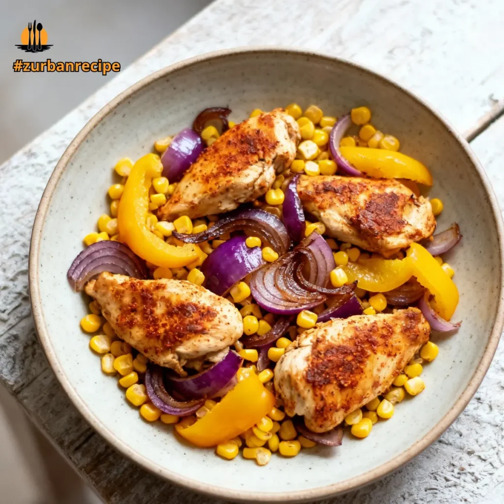 Plated sheet pan southwest chicken and corn with roasted bell peppers and red onion, served warm and colorful.