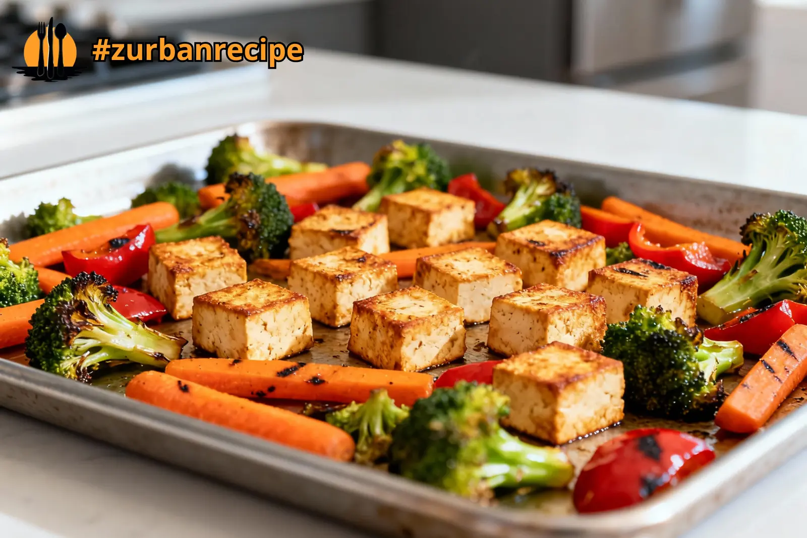 Crispy sheet pan tofu with roasted broccoli carrots and peppers on a metal tray