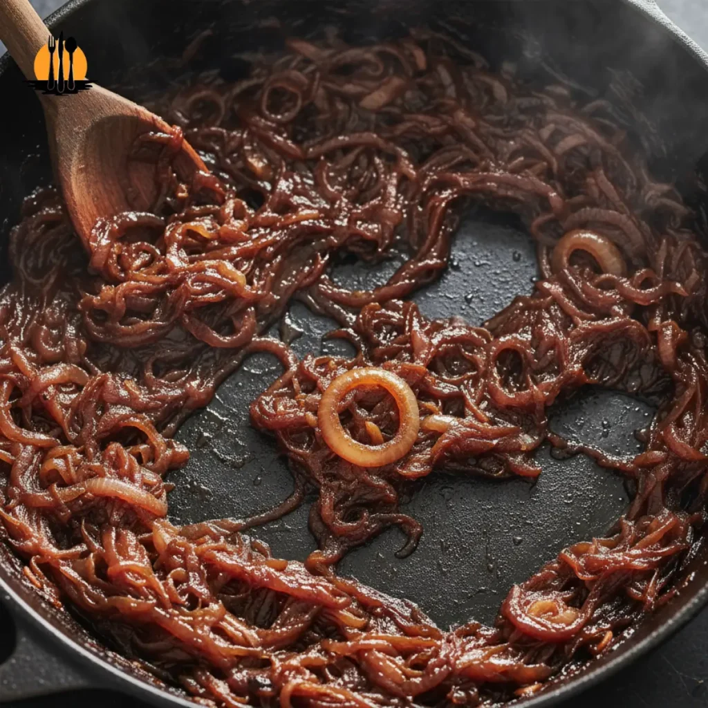     Top view of sliced yellow onions caramelized to a deep mahogany brown in a cast iron pan with a wooden spoon.