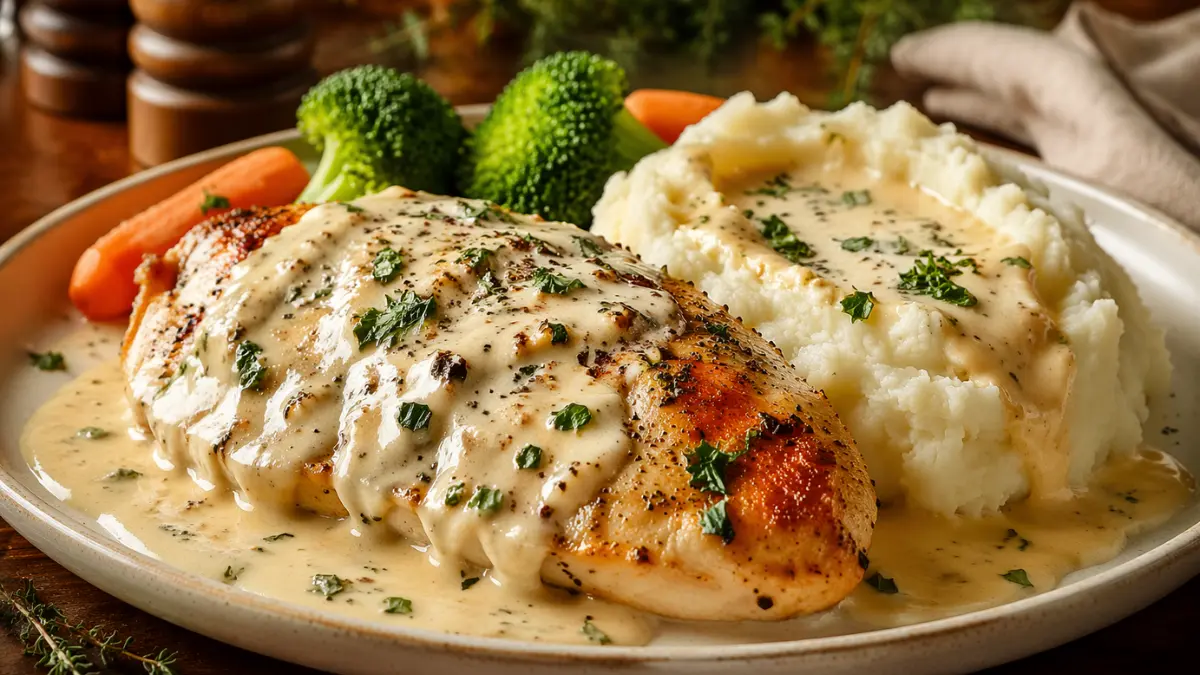 The Best Creamy Garlic Chicken recipe | in 25 Mins | Grandpa Chef 1 Seared chicken breast coated in a velvet pan sauce next to mashed potatoes, demonstrating a quick Creamy Garlic Chicken Recipe for an easy weeknight dinner.