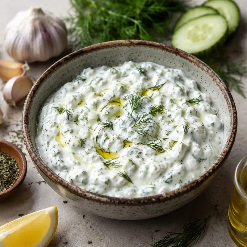 Crispy Sear Greek Chicken Power Bowl with Homemade Tzatziki Sauce 3 A close up shot of fresh garlic and cucumber tzatziki sauce inside a ceramic bowl for the Greek Chicken Power Bowl recipe.