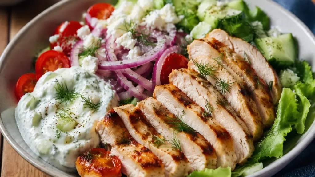 A healthy Greek Chicken Power Bowl featuring perfectly sliced seared cutlets, crisp cucumbers, cherry tomatoes, and red onions with creamy tzatziki sauce.