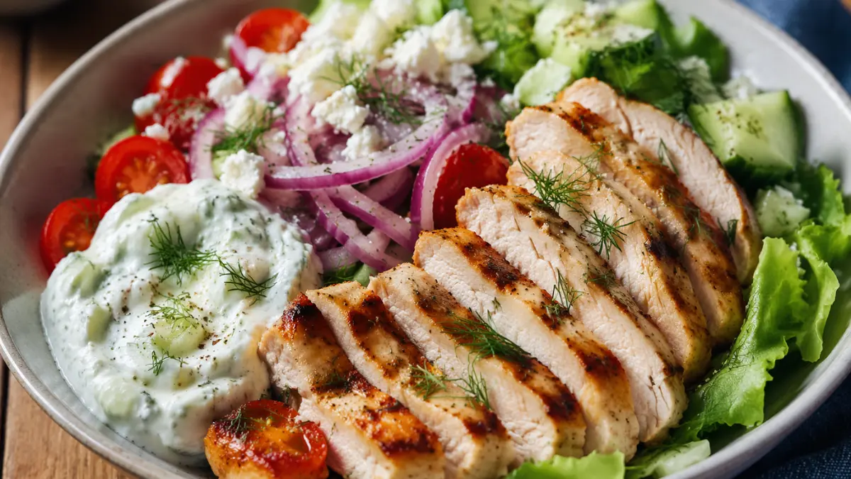 Crispy Sear Greek Chicken Power Bowl with Homemade Tzatziki Sauce 4 A healthy Greek Chicken Power Bowl featuring perfectly sliced seared cutlets, crisp cucumbers, cherry tomatoes, and red onions with creamy tzatziki sauce.