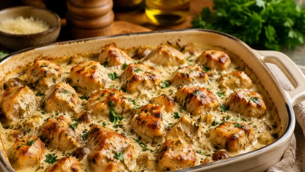Golden brown Juicy Baked Chicken Bites cooked uniformly in a garlic cream sauce inside a glass baking dish.
