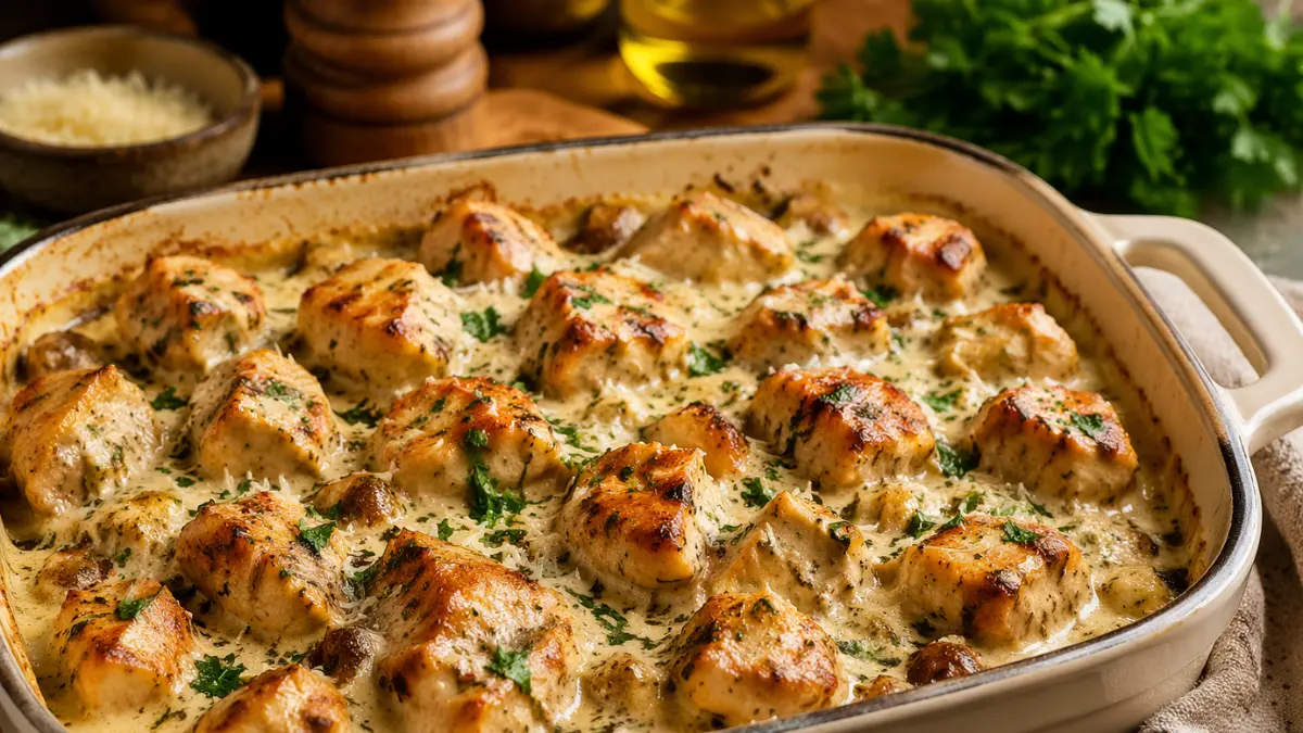Easy Juicy Baked Chicken Bites (30-Minute No-Mess Recipe) 3 Golden brown Juicy Baked Chicken Bites cooked uniformly in a garlic cream sauce inside a glass baking dish.