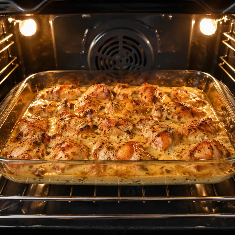 Easy Juicy Baked Chicken Bites (30-Minute No-Mess Recipe) 2 A single layer of Juicy Baked Chicken Bites simmering in a garlic cream sauce inside an oven.