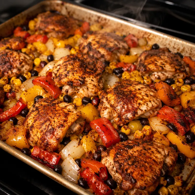 Sheet Pan Southwest Chicken and Corn Recipe 3 Sizzling cooked Sheet Pan Southwest Chicken with visible steam rising from the hot baking pan filled with roasted corn and bell peppers.
