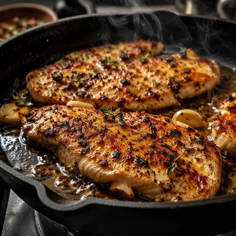 Crispy Sear Greek Chicken Power Bowl with Homemade Tzatziki Sauce 2 Thin chicken breast cutlets searing in a hot cast iron skillet to build flavor for the Greek Chicken Power Bowl recipe.