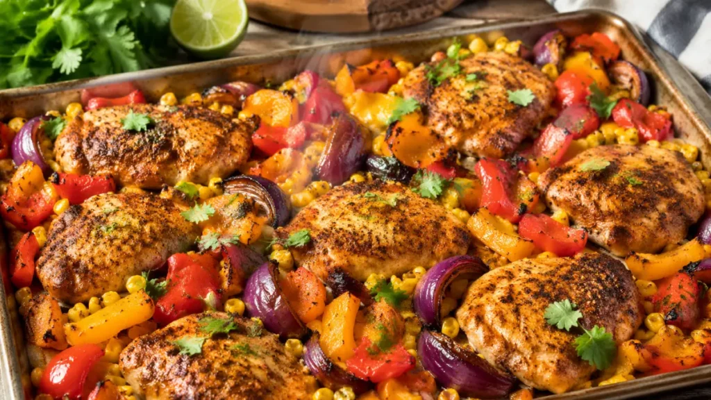 Golden roasted Sheet Pan Southwest Chicken pieces arranged with sweet corn kernels, caramelized bell peppers, and sliced red onions on a baking sheet.