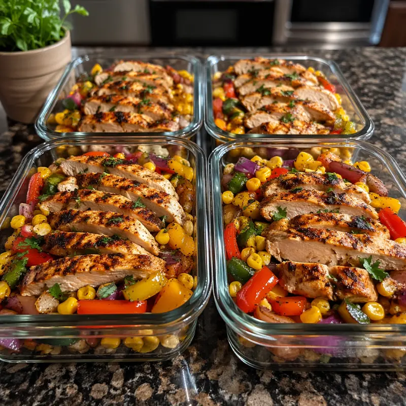 Sheet Pan Southwest Chicken and Corn Recipe 4 Four glass meal prep containers filled with equal portions of sliced grilled Sheet Pan Southwest Chicken breast, roasted corn, and mixed peppers.