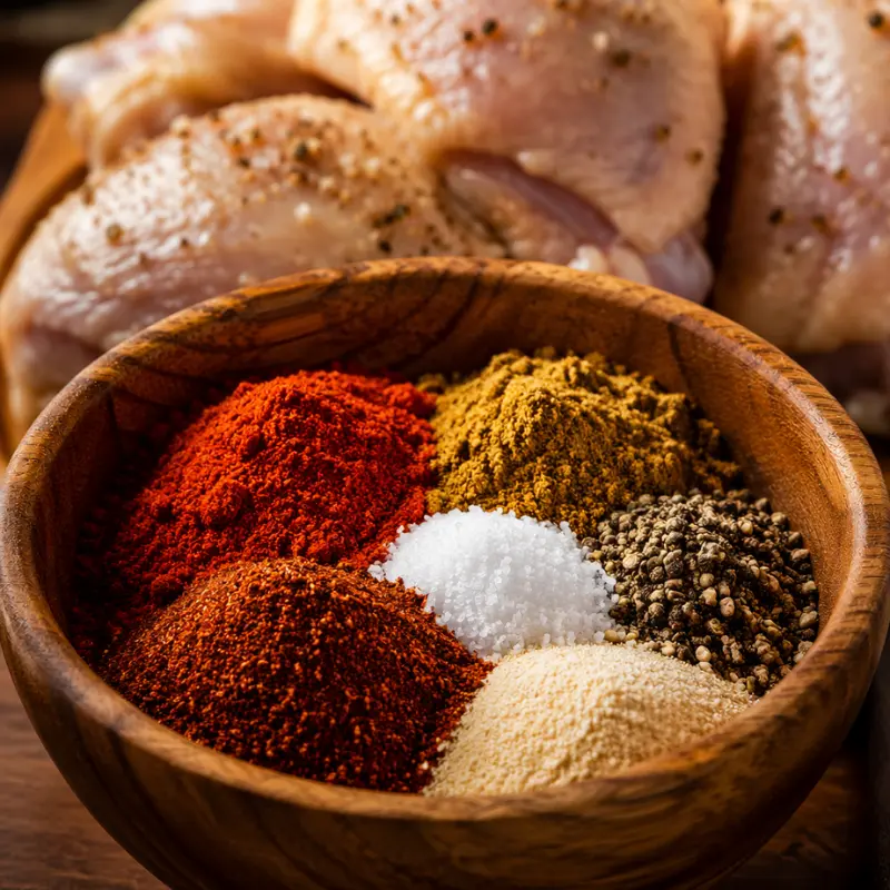 Sheet Pan Southwest Chicken and Corn Recipe 2 A wooden bowl filled with separate piles of smoked paprika, cumin, chili powder, garlic powder, salt, and black pepper for Sheet Pan Southwest Chicken.