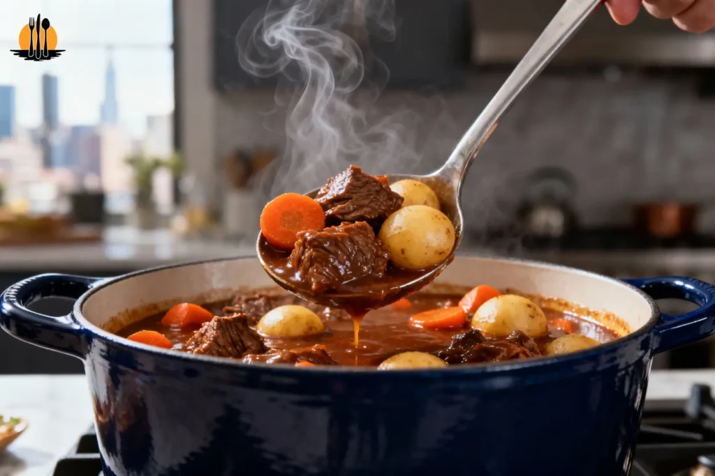 Close-up of a rich, tender Beef Stew with glossy gravy in a traditional Dutch oven, showcasing Grandpa Chef's braising expertise.