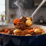 Close-up of a rich, tender Beef Stew with glossy gravy in a traditional Dutch oven, showcasing Grandpa Chef's braising expertise.