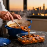 Grandpa Chef's hands portioning rich beef stew into glass containers for meal planning with a city skyline background.