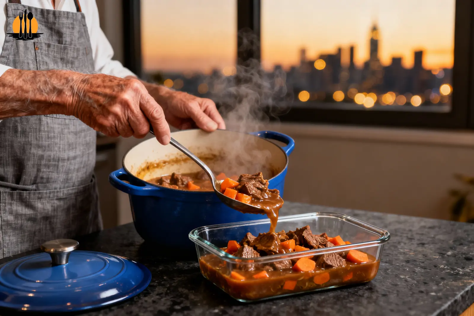 Grandpa Chef's hands portioning rich beef stew into glass containers for meal planning with a city skyline background.