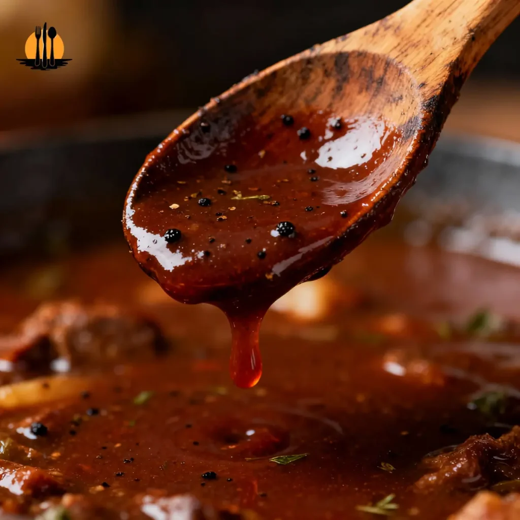 Master Beef Stew | Grandpa Chef’s Braising Secrets 5 A close-up of thick, glossy mahogany beef stew sauce coating a wooden spoon, showing perfect velvety texture and gelatin body.