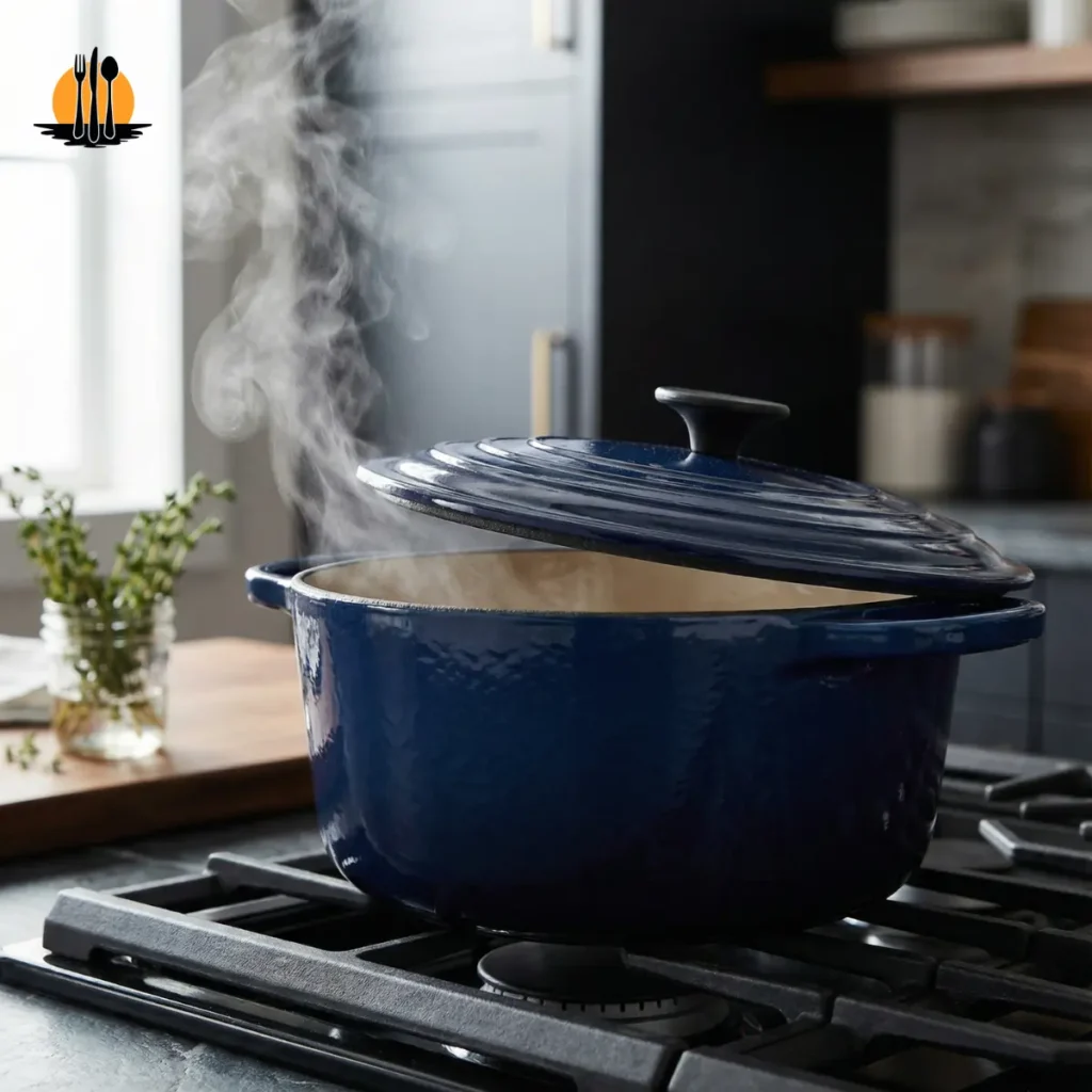 Master Beef Stew | Grandpa Chef’s Braising Secrets 3 A heavy enameled cast iron Dutch oven on a gas stove, the best tool for slow cooking beef stew