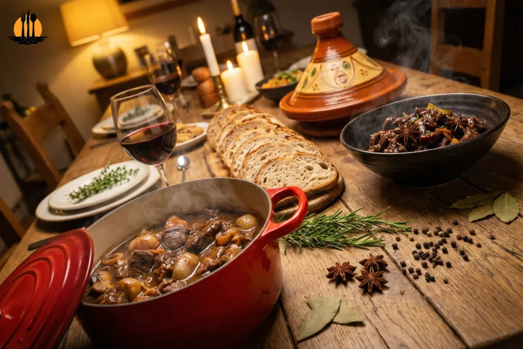 A rustic table displaying three iconic beef stew styles: a red French Dutch oven, a Moroccan Tagine, and an Asian bowl, served with red wine and artisan bread.