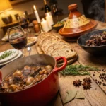 A rustic table displaying three iconic beef stew styles: a red French Dutch oven, a Moroccan Tagine, and an Asian bowl, served with red wine and artisan bread.