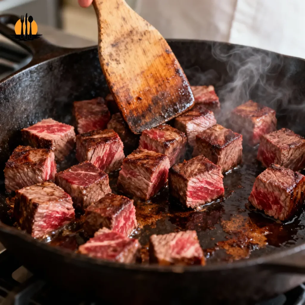 Searing marbled beef chuck roast cubes in a hot cast iron skillet to create a mahogany crust and flavorful fond.