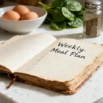 A rustic open notepad with "Weekly Meal Plan" handwritten in English on it, resting on a clean white quartz kitchen counter, surrounded by fresh ingredients like brown eggs and broccoli. The scene is illuminated by soft, natural sunlight from a nearby window.