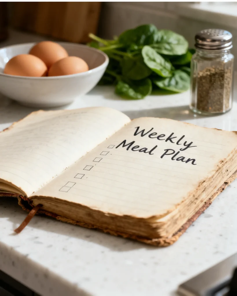 A rustic open notepad with "Weekly Meal Plan" handwritten in English on it, resting on a clean white quartz kitchen counter, surrounded by fresh ingredients like brown eggs and broccoli. The scene is illuminated by soft, natural sunlight from a nearby window.