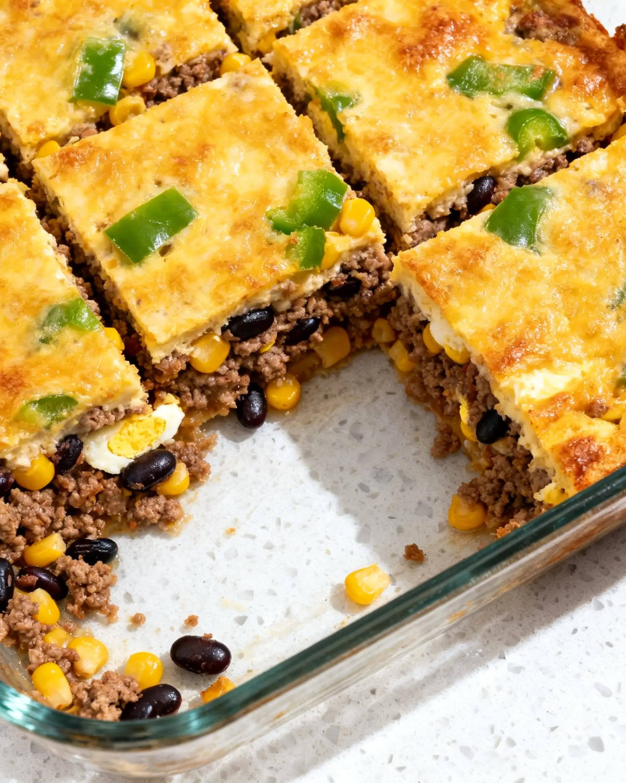A golden-brown budget-friendly protein bake with melted cheddar cheese, ground pork, and black beans in a glass dish.