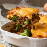 Close up of a serving spatula lifting a square of golden cheddar ground beef and broccoli casserole, showing steam rising, high protein budget dinner by Grandpa Chef.