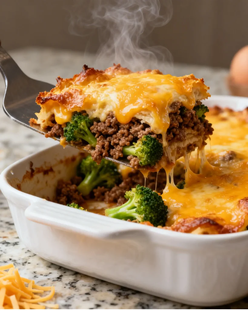 Close up of a serving spatula lifting a square of golden cheddar ground beef and broccoli casserole, showing steam rising, high protein budget dinner by Grandpa Chef.
