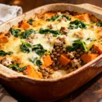 $10 high-protein budget casserole with ground turkey, lentils, sweet potatoes, and melted cheese in a ceramic dish.