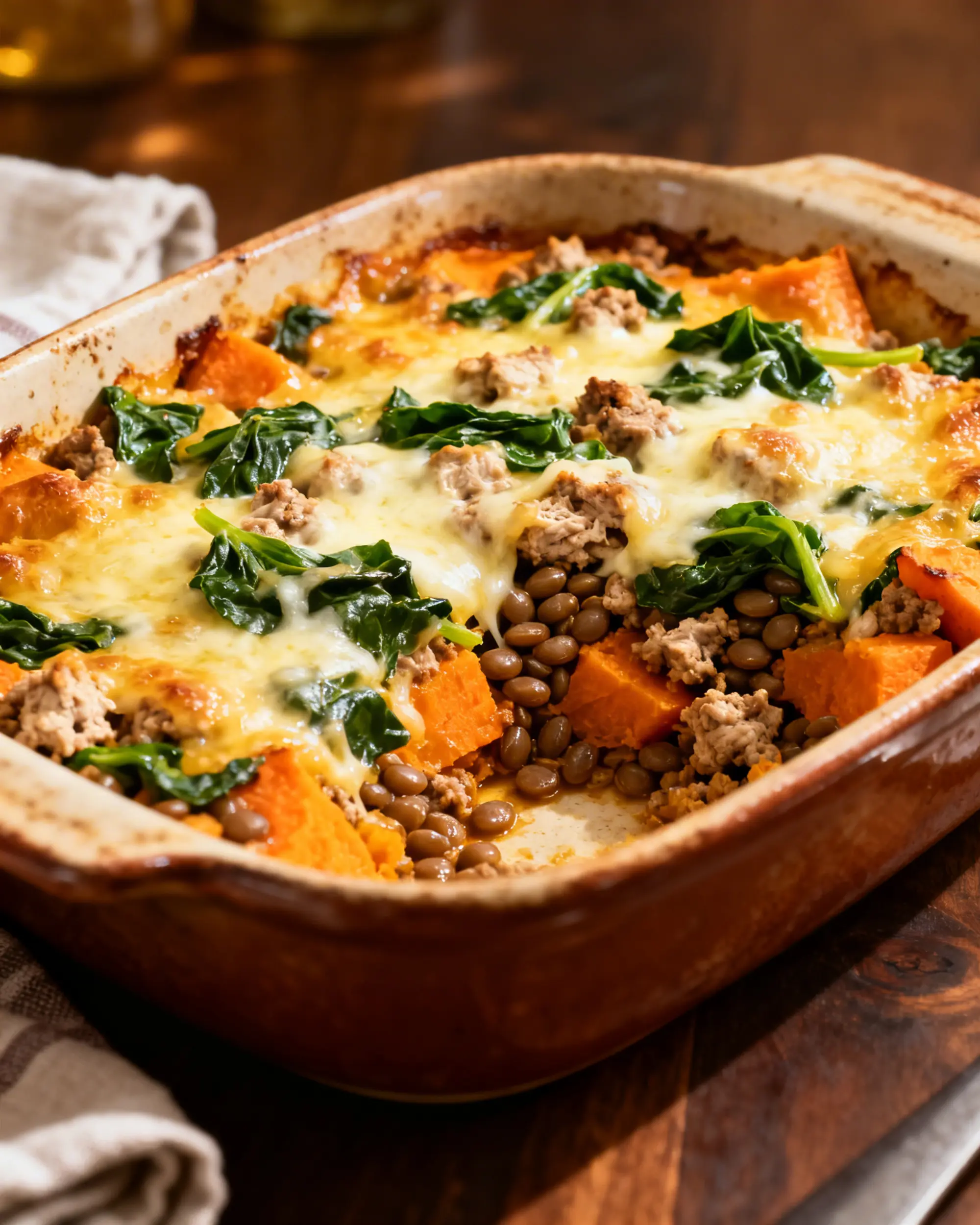 $10 High-Protein Budget Casserole: Chef’s Meal Prep Secret 1 $10 high-protein budget casserole with ground turkey, lentils, sweet potatoes, and melted cheese in a ceramic dish.