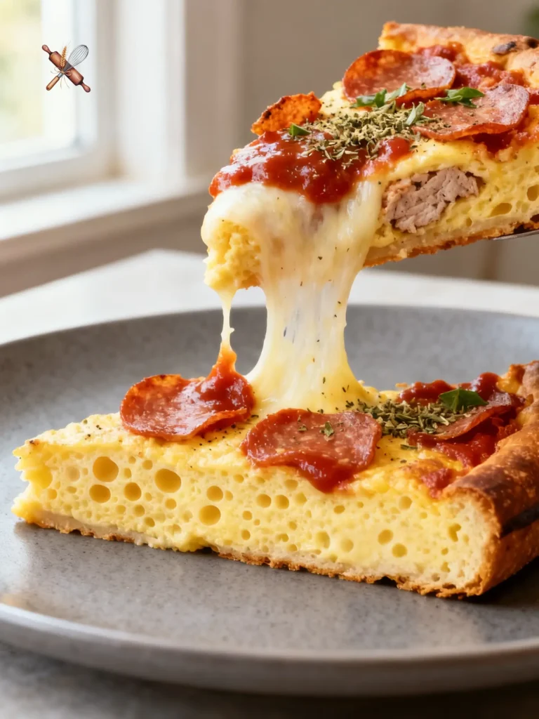 Detailed cross-section of a High protein pizza frittata recipe showing aerated egg bubbles and a long mozzarella cheese pull.