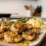 Golden seared budget friendly chicken breast bites in a garlic butter glaze with fresh parsley.