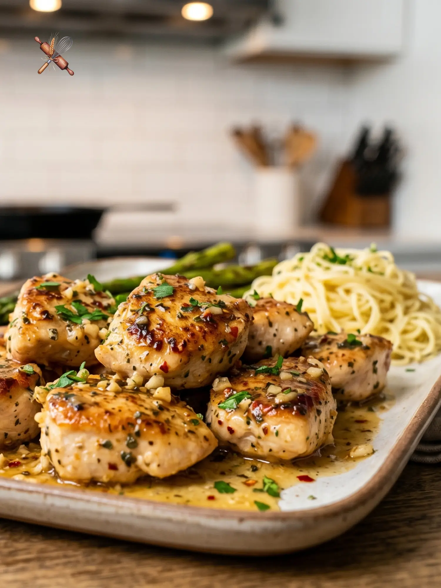Golden seared budget friendly chicken breast bites in a garlic butter glaze with fresh parsley.