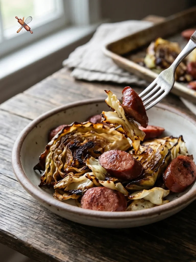 A fork lifting a piece of charred cabbage and sausage from a bowl of Crispy Sheet Pan Cabbage and Sausage.