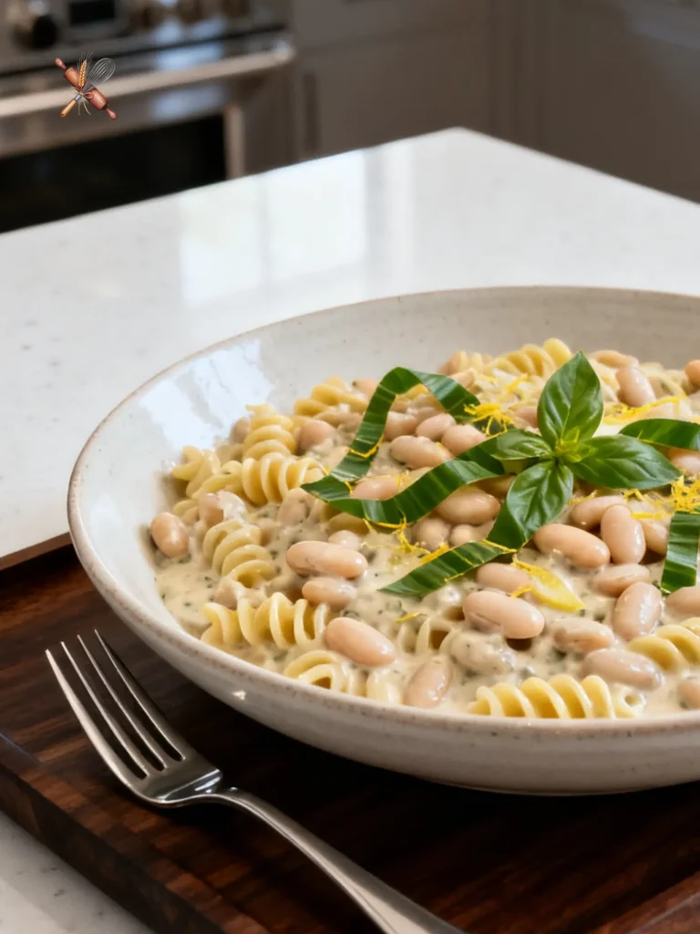A large bowl of Creamy White Bean Pasta recipe garnished with ribbons of fresh basil and lemon zest on a wooden tray.
