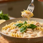 A close-up of a Creamy White Bean Pasta recipe served in a rustic bowl with fresh basil and lemon zest.