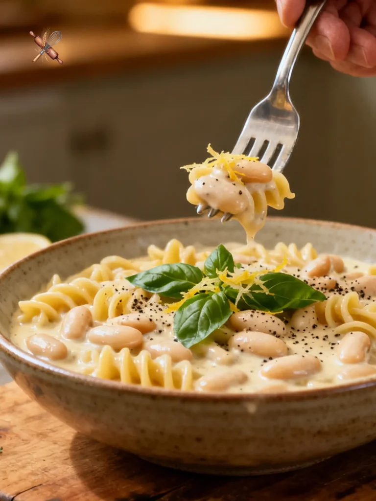 A close-up of a Creamy White Bean Pasta recipe served in a rustic bowl with fresh basil and lemon zest.
