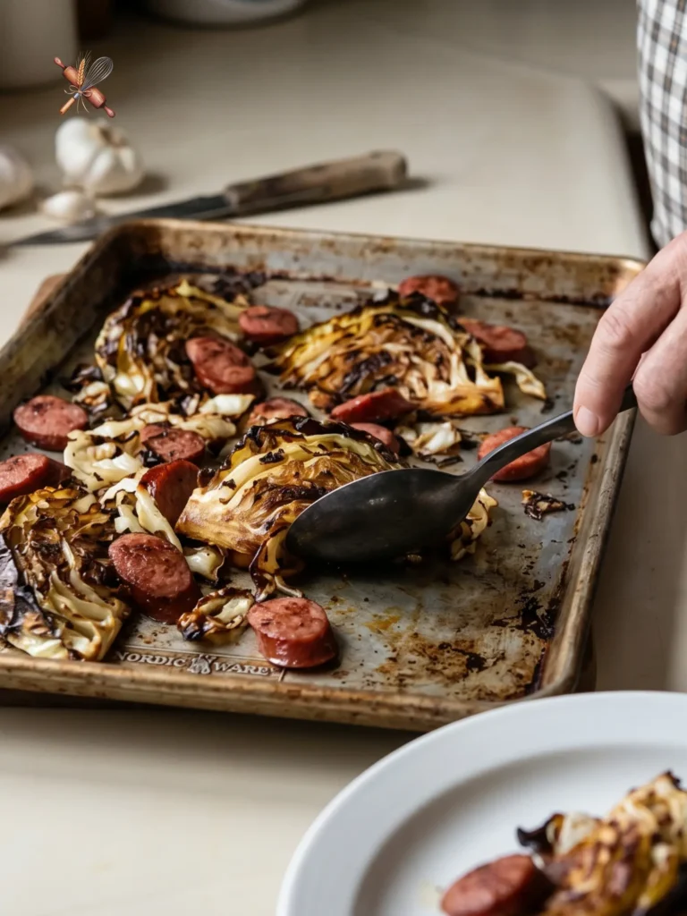 A professional chef using a preheated pan to create a Crispy Sheet Pan Cabbage and Sausage with charred edges.