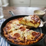 A golden brown High protein pizza frittata recipe being served from a cast iron skillet, showing the fluffy egg base and melted mozzarella.