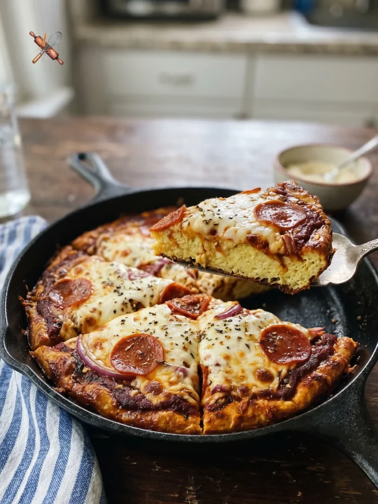 A golden brown High protein pizza frittata recipe being served from a cast iron skillet, showing the fluffy egg base and melted mozzarella.