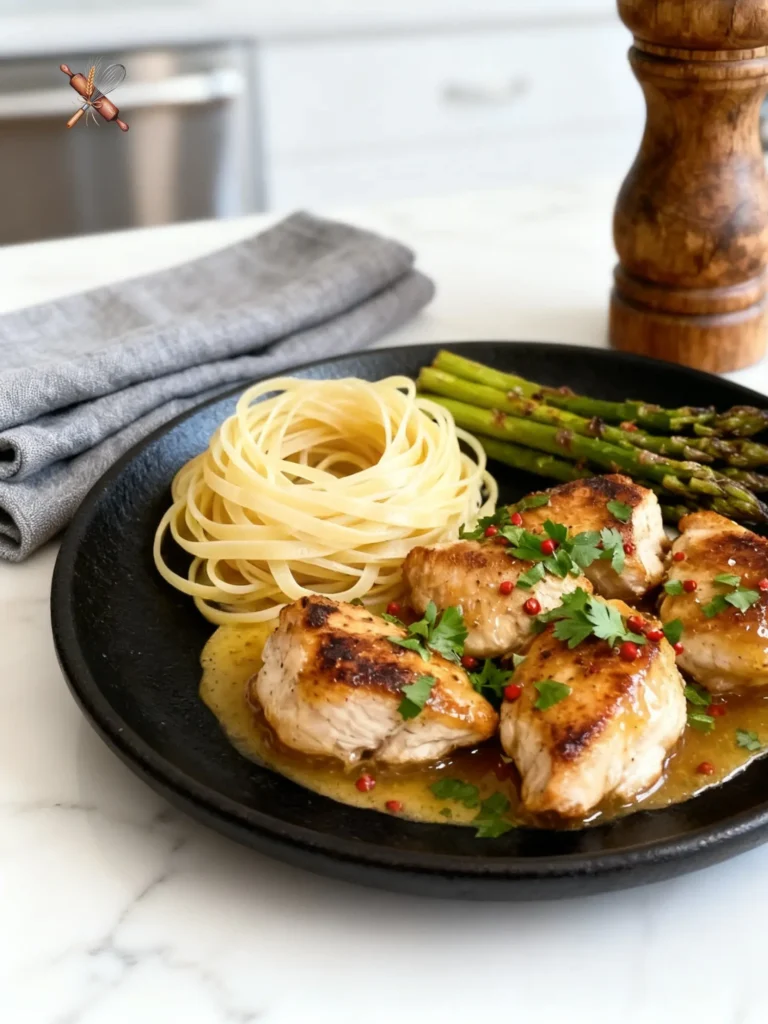 Juicy budget friendly chicken breast bites served with pasta and asparagus on a black plate.