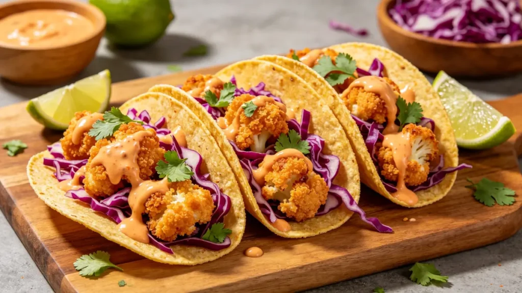 Three crispy Air Fryer Bang Bang Cauliflower Tacos lined up on a wooden board, drizzled with creamy orange sauce and topped with fresh cilantro.