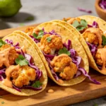 Three crispy Air Fryer Bang Bang Cauliflower Tacos lined up on a wooden board, drizzled with creamy orange sauce and topped with fresh cilantro.
