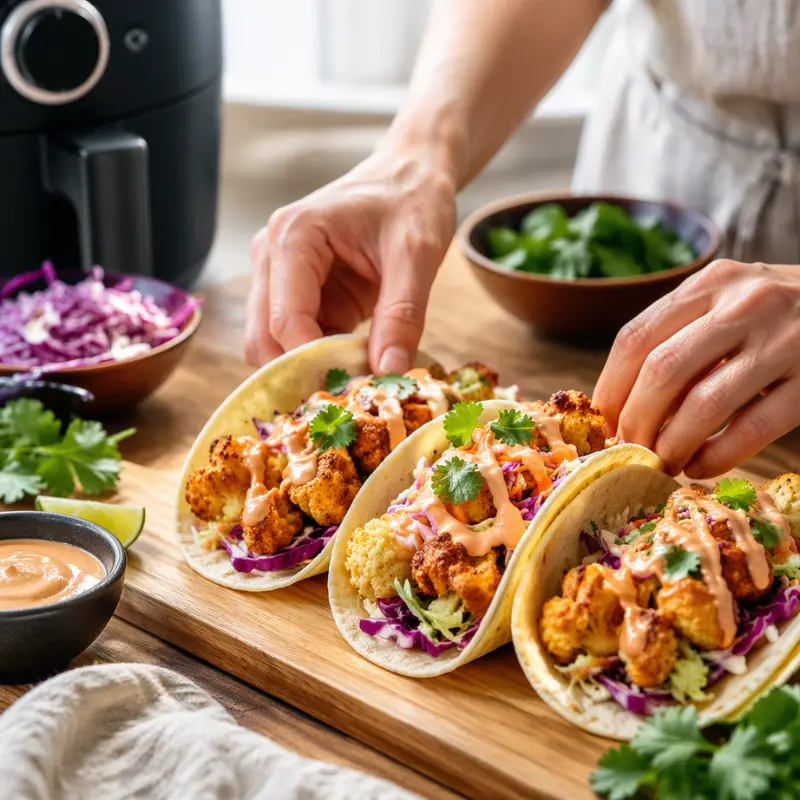 Crispy Air Fryer Bang Bang Cauliflower Tacos (25-Minute Recipe) 3 Home chef hands assembling Air Fryer Bang Bang Cauliflower Tacos on a wooden board next to a black air fryer.