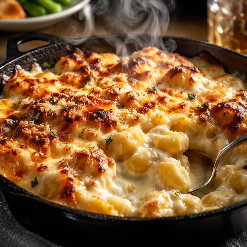 30-Minute Comfort Food: Easy One Pan Cheesy Gnocchi Bake Recipe 5 A steaming skillet showing the creamy white sauce alfredo variation of the one pan cheesy gnocchi bake recipe with a browned cheese crust.