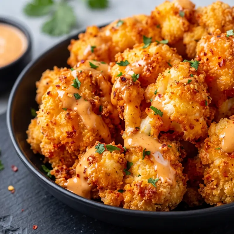 Crispy Air Fryer Bang Bang Cauliflower Tacos (25-Minute Recipe) 2 Close-up of plated Air Fryer Bang Bang Cauliflower Tacos featuring crispy golden florets and shredded cabbage.