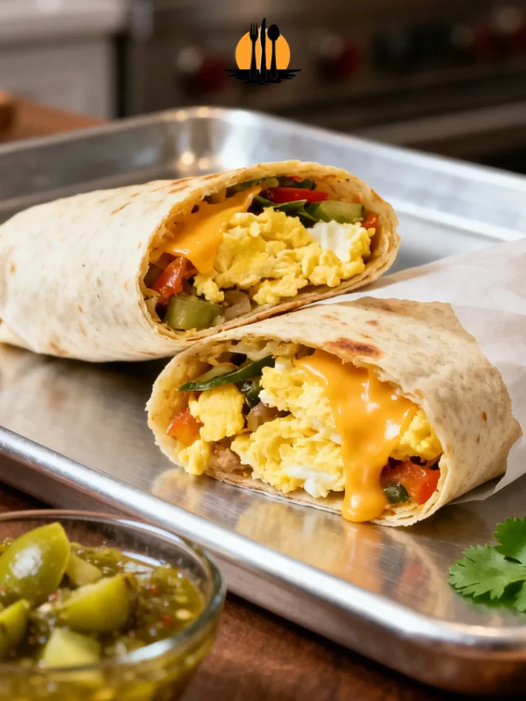 Professional Frozen Breakfast Burritos Prep with melted cheese and scrambled eggs on a kitchen tray.